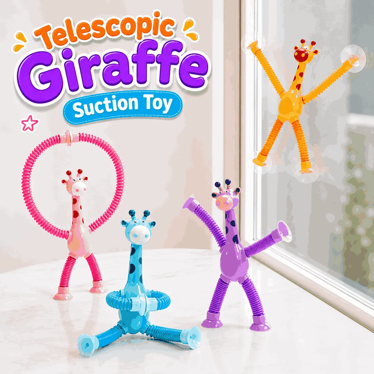 Telescopic Giraffe Suction Cup Toy, (1PC Random Colors) Cute Giraffe Stretch Tube Stress Relief Sensory Toy in Four Different Colors Suction Cup Giraffe Pop Tube Sensor Fidget Toy For Kids, Deformable Sensory Suction Cup Plastic Toy, Suction Robot Toy