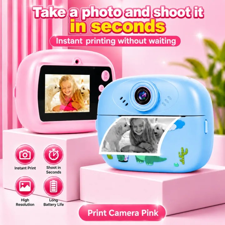 Kids Instant Print Digital Camera with Thermal Printer | HD Photo & Video Camera | Rechargeable Mini Camera | MP3 Music Player | Educational Games | DIY Black & White Photo Printing Toy Gift for Boys & Girls