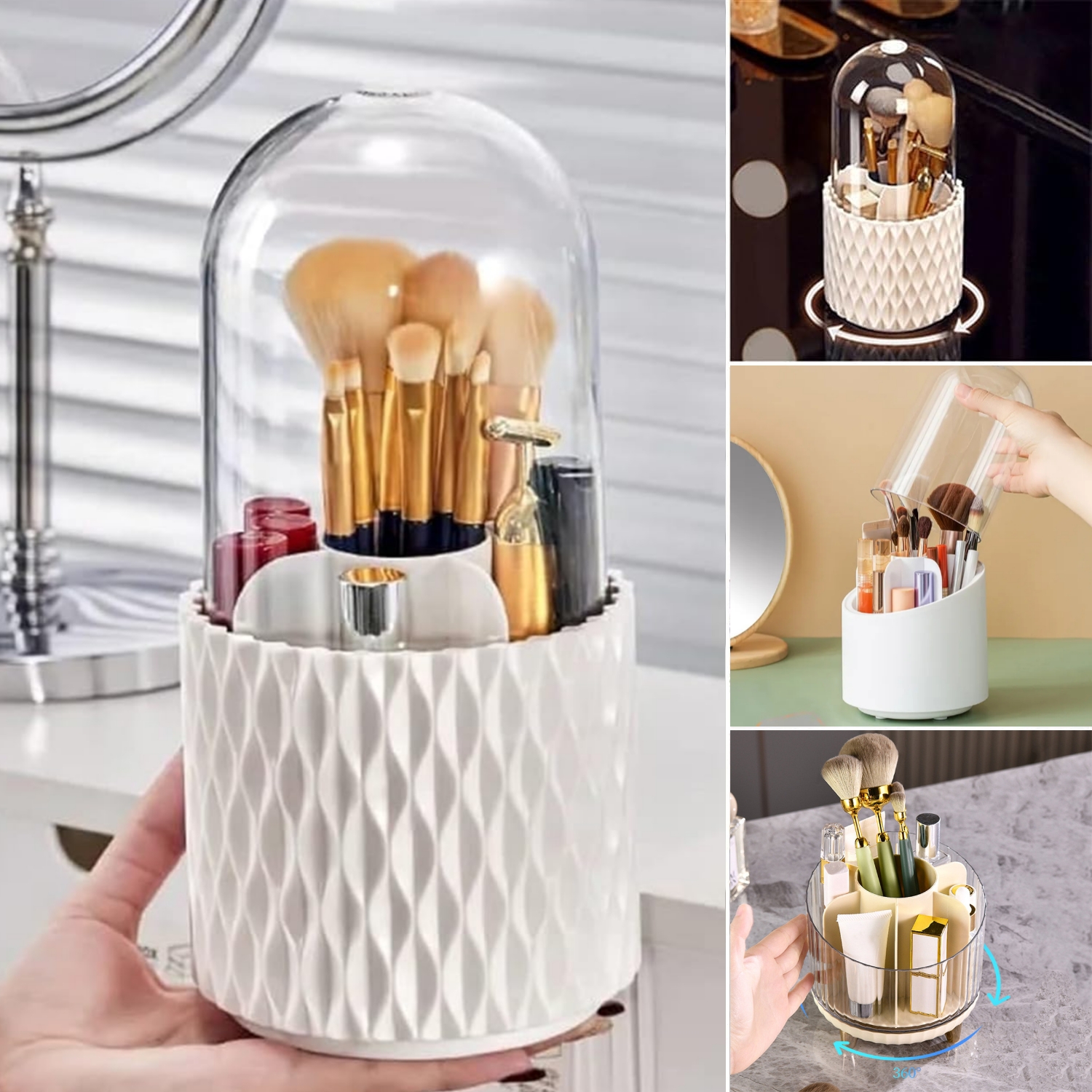 360° Degree Rotating Makeup Brush Holder with Dustproof Lid  Cosmetic Brush Case  Countertop Brushes Holder