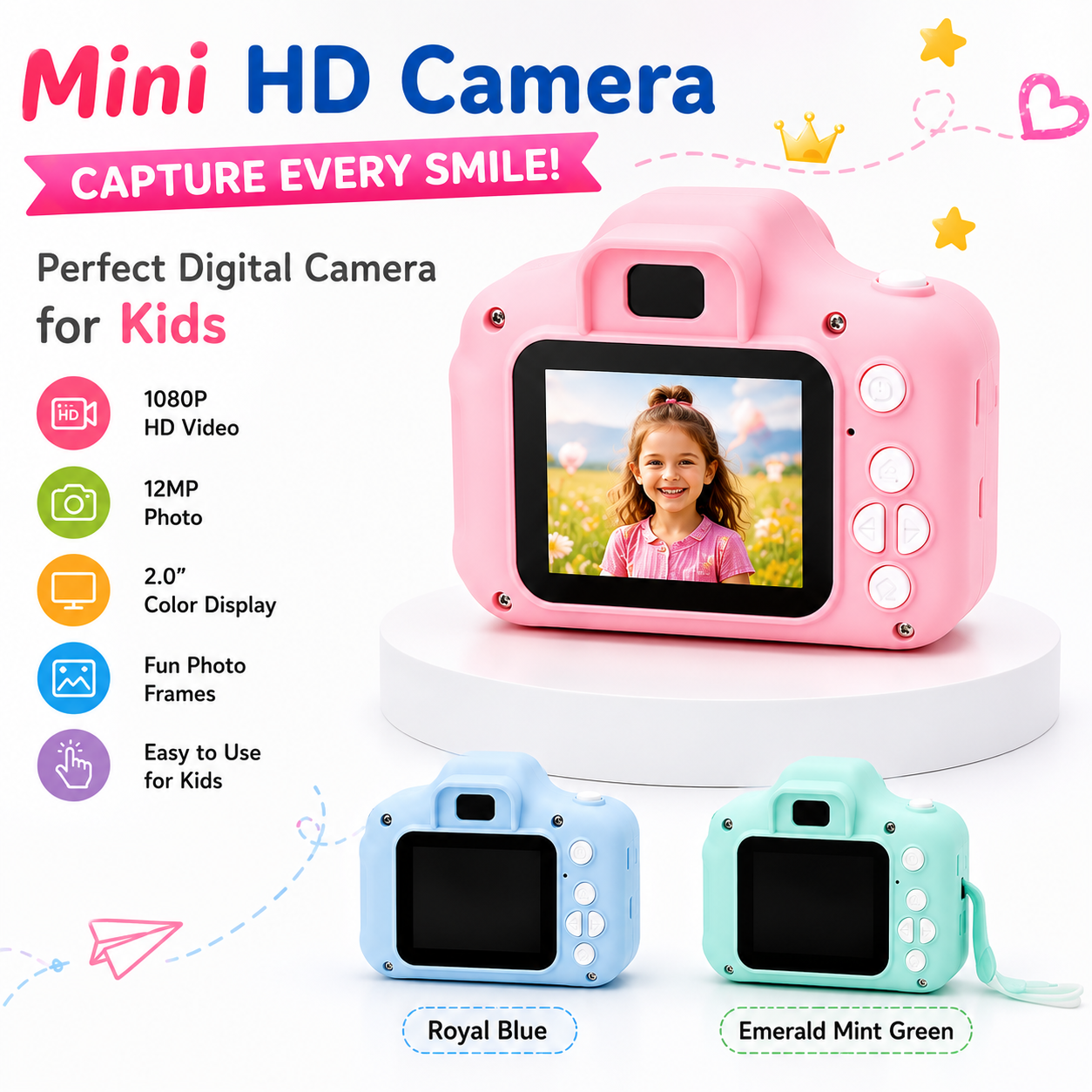 Mini HD Camera for Kids 1080P Digital Camera with 2 Inch Color Display Screen Rechargeable Photo Video Recording Toy Camera for Girls Boys 3 to 12 Years Selfie Camera with Memory Card Slot Cartoon Design Educational Birthday Gift Pink Blue Green