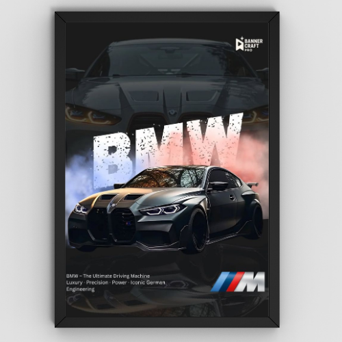 Premium Crystal Wooden Frame BMW Car Poster Luxury Automotive Crystal Coated HD Wall Decor Frame for Garage Bedroom Gaming Room & Office Setup