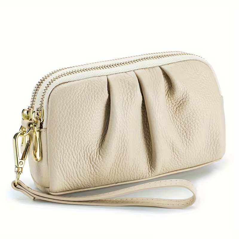 Elegant Genuine Leather Handheld Bag – Women’s Dual Zipper Wallet for Phone & Essentials