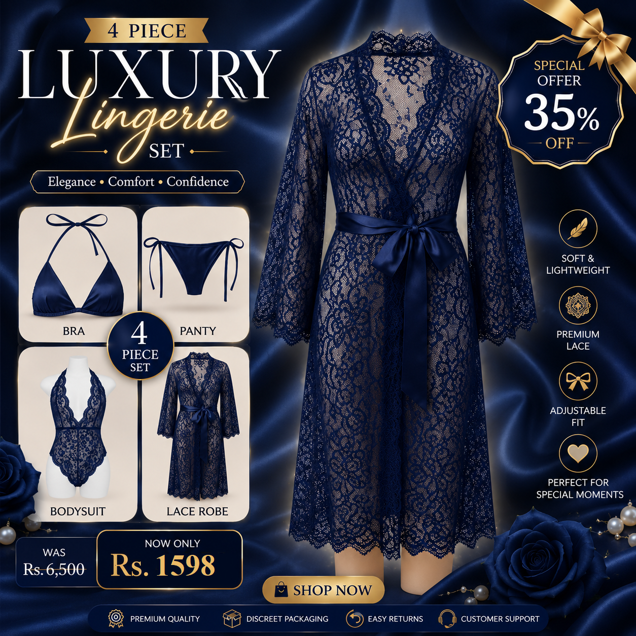 4 pcs High Qaulity Lace Net See Through Bridal Nighty Set Pratiharye Valentine Special! Babydoll Nightwear Net Robe/Chemise with Bikini Set | Hot & Saxy | for Honeymoon/First Night Anniversary for Women/Girls Best gift.,.,,..