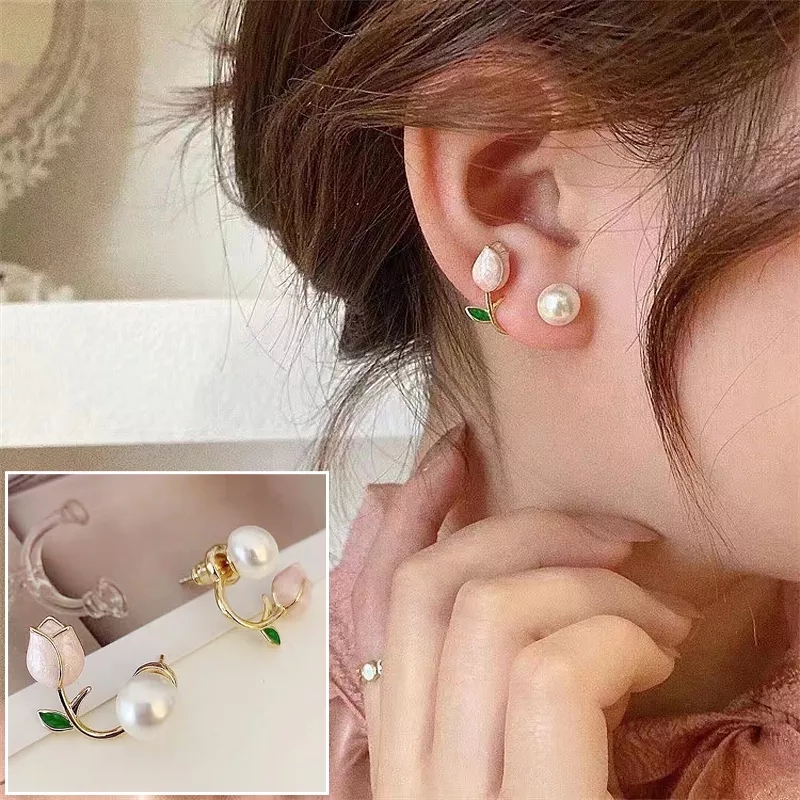 Tulip Flower Pearl Stud Earrings for Women and girl jewelry Exquisite Pearl Earring Party Jewelry