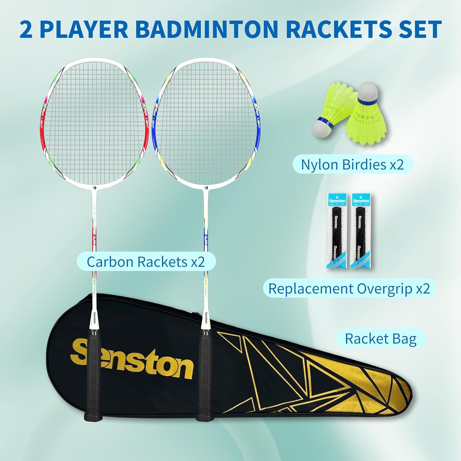 Senston Badminton Rackets Set for 2 Players, Graphite Shaft Badminton Racquets with 1 Badminton Bag, 2 Badminton Shuttlecocks, 2 Racquet Grips