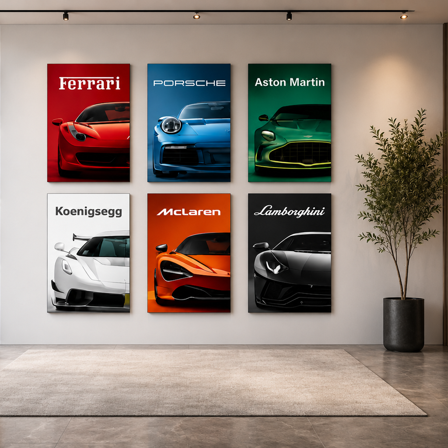 Pack of 6 sports car themed wooden canvas frames / super cars sticky phototiles