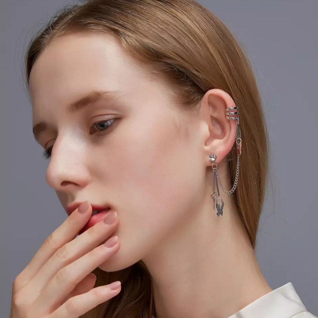 Earcuff 1 Pc Butterfly Tassel Chain Clip Earrings