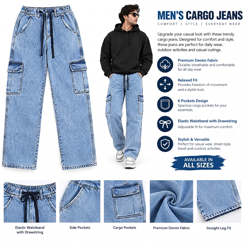 Acid Wash Light Blue (Sky) Baggy Cargo Jeans for Men & Boys – Loose Fit Multi-Pocket Denim Trousers