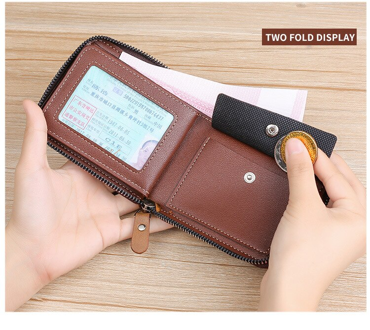 Wallet for Men Bifold Round Zipper Short Wallet for Boys Brown