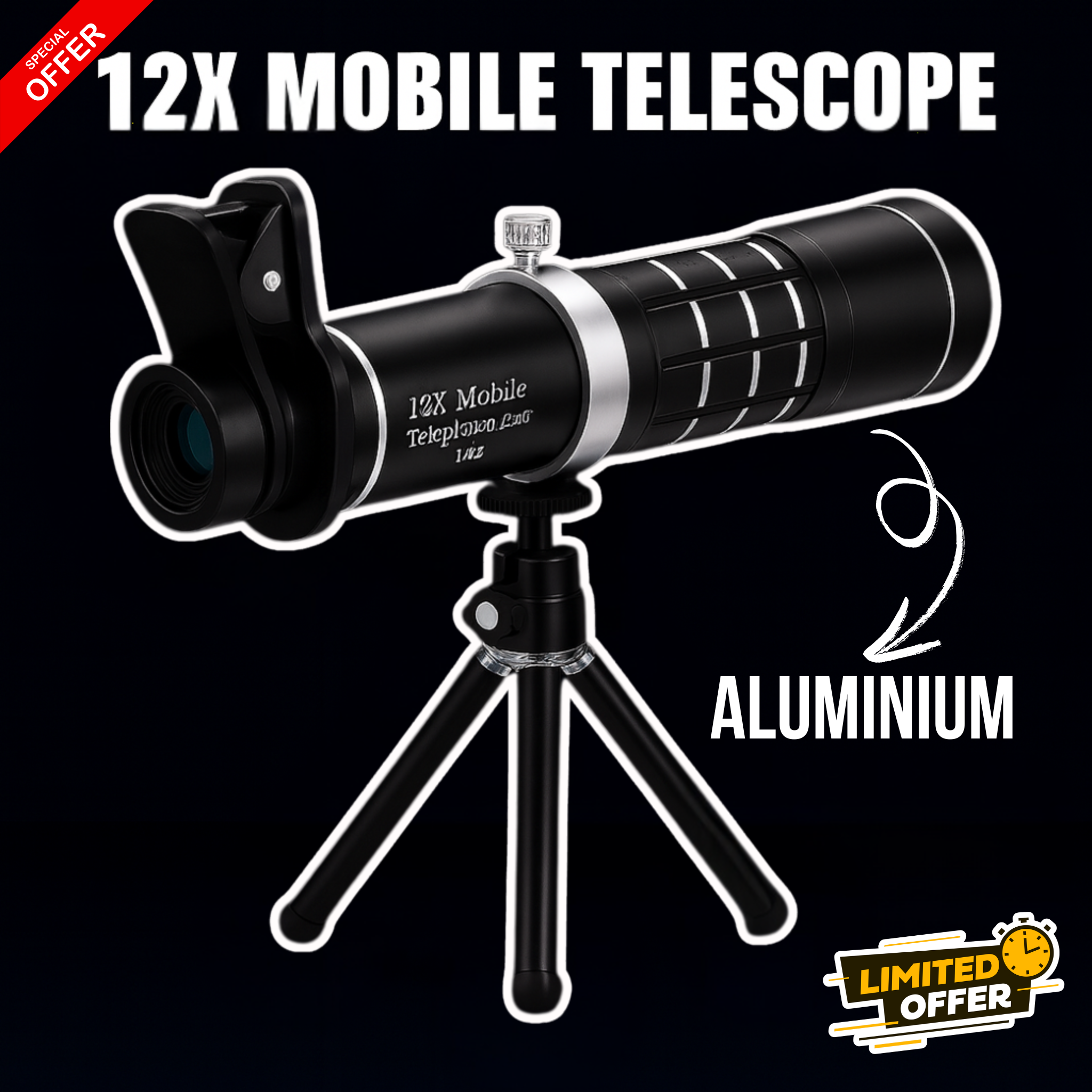 12X Mobile Zoom Lens Aluminum Body | HD Telephoto Camera Lens with Stand | Long Distance Mobile Photography | Universal Clip-On Lens Compatible with Most Smartphones