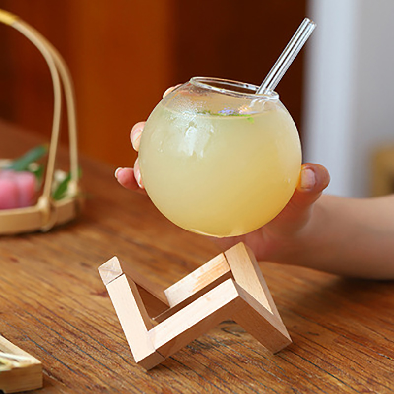 Cocktail Glass Cup With Wood Stand Creative Bar Glassware Drink Ronud Ball Mug Fruit Moon Juice Tumbler