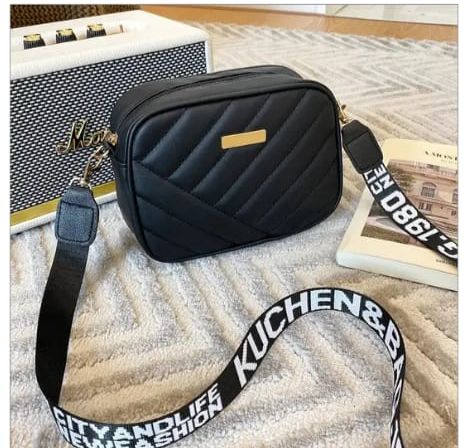 Quilted Crossbody Bag for Women with Logo Strap - Elegant Solid Pattern Shoulder Sling Purse
