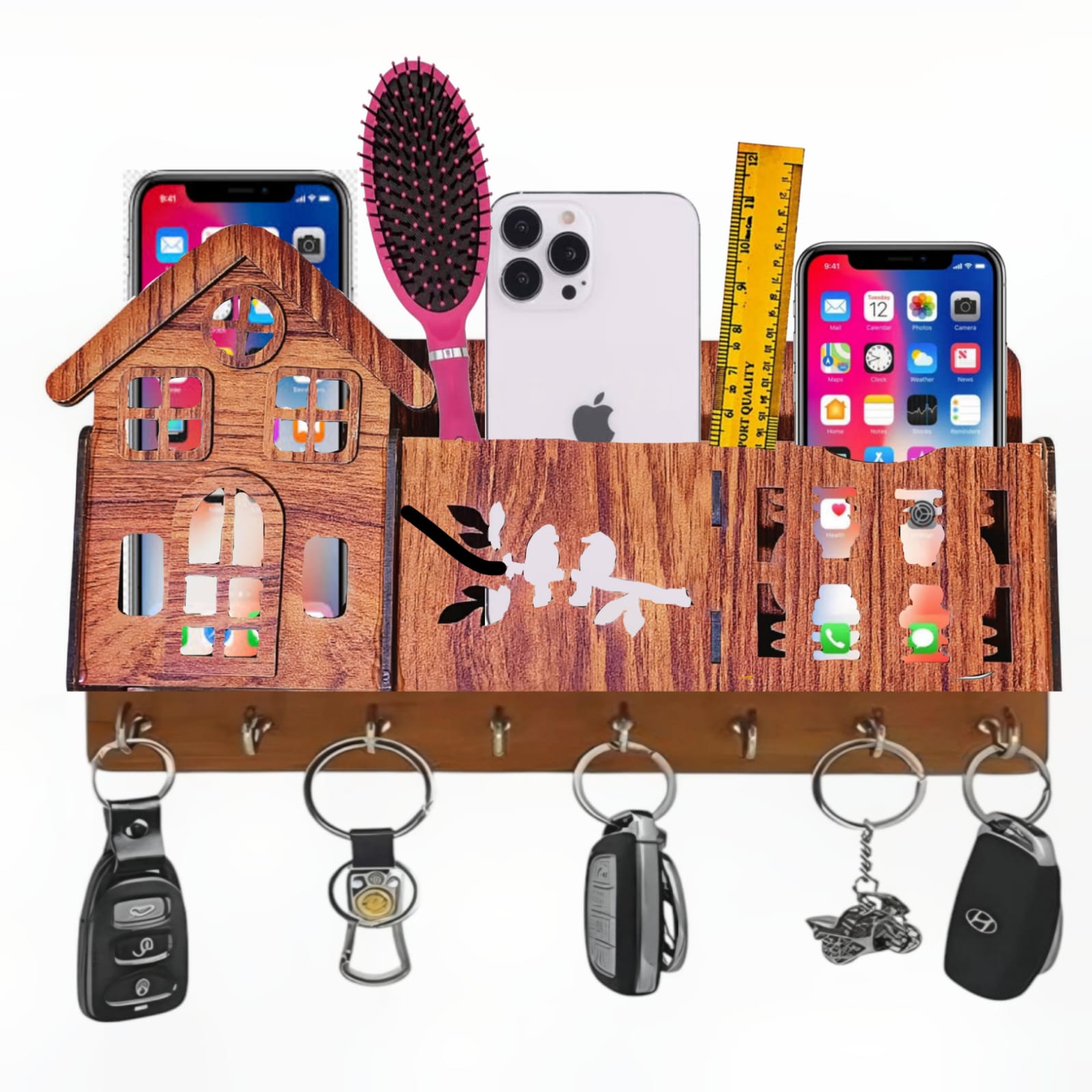 3D Home Decorative Wooden Organizer- 3D Wooden Phone Stand with Key Hooks - 3D Wooden Mobile Stand for 3 Phones - Wooden Holder for Phone, Keys, and Accessories - Wooden Organizer with 7 Steel hooks Tasbeeh Holder Remote Cover Rack Mobile Charger Holder