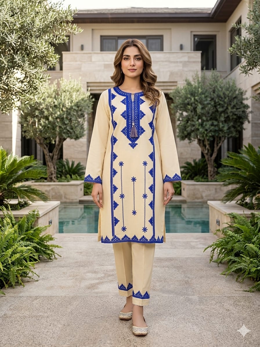 unstitched Embroidered 2-Piece Collection – Panel Embroidered Shirt & Paincha Embroidered Trouser