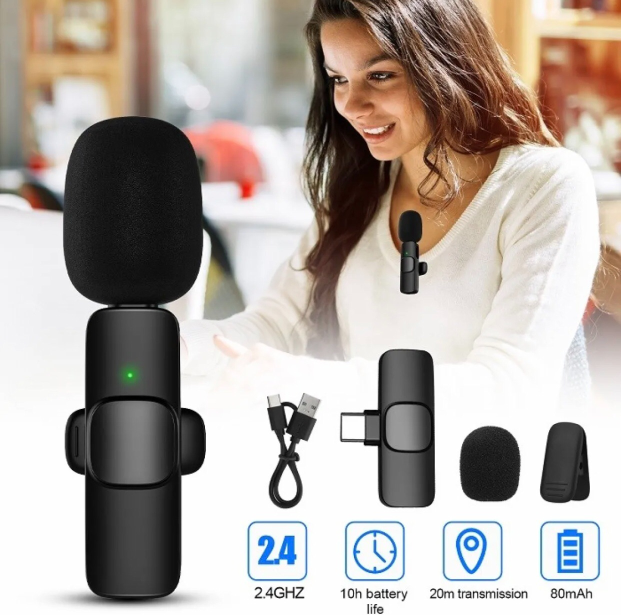 K8 Universal Plug Type-C Wireless Microphone with Mini Cable for Phone/Mobile Devices