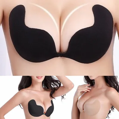 2 Pcs Invisible Bra Push Up (Nude Colour + Black) Backless Bras for Women,  Adhesive Bra Reusable Strapless Self Silicone, Strapless Front Buckle Lift