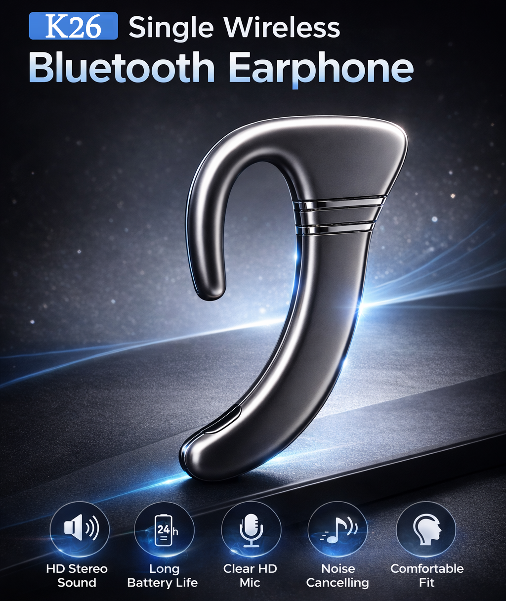K26 Business Design Wireless Single Bluetooth Earphone Headset (Compatible With All Bluetooth Devices).
