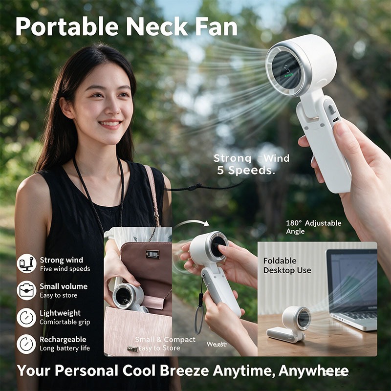 New High Speed Turbo Handheld Fan USB Rechargeable Mini Portable Fan with Digital Display | 5 Speed Foldable Pocket & Neck Hanging Cooling Fan | Ultra Quiet Travel Fan