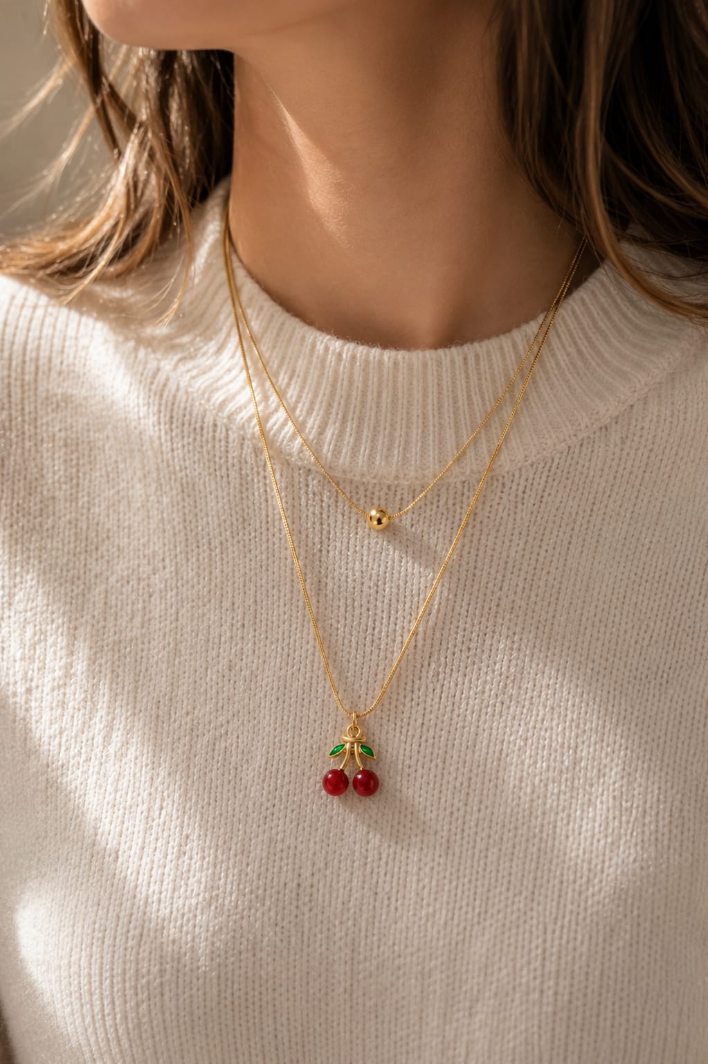 Elegant Double Layer Cherry Pendant Necklace for Women | Gold Plated Layered Chain Necklace | Cute Cherry Charm Jewellery Gift for Girls