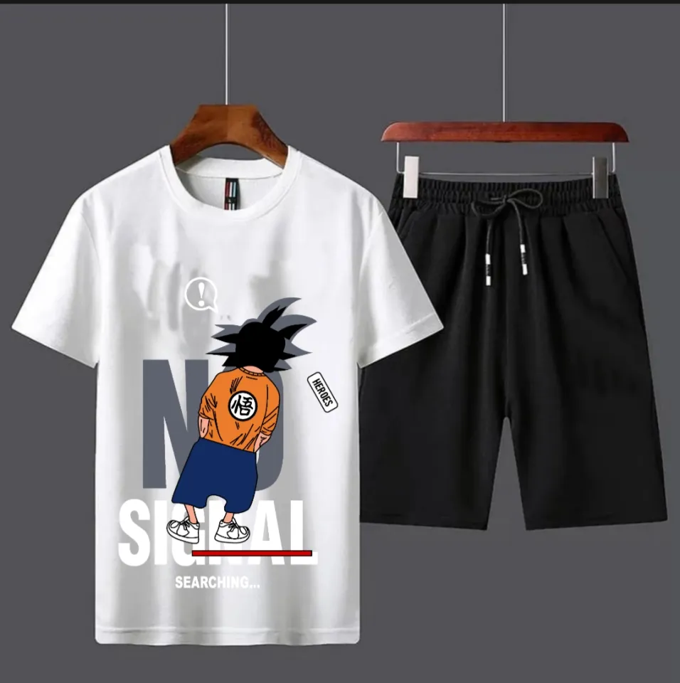 Goku 'No Signal' Graphic Tee and Drawstring Shorts Set - Soft Cotton Jersey Summer Streetwear for Men and Women Tracksuit