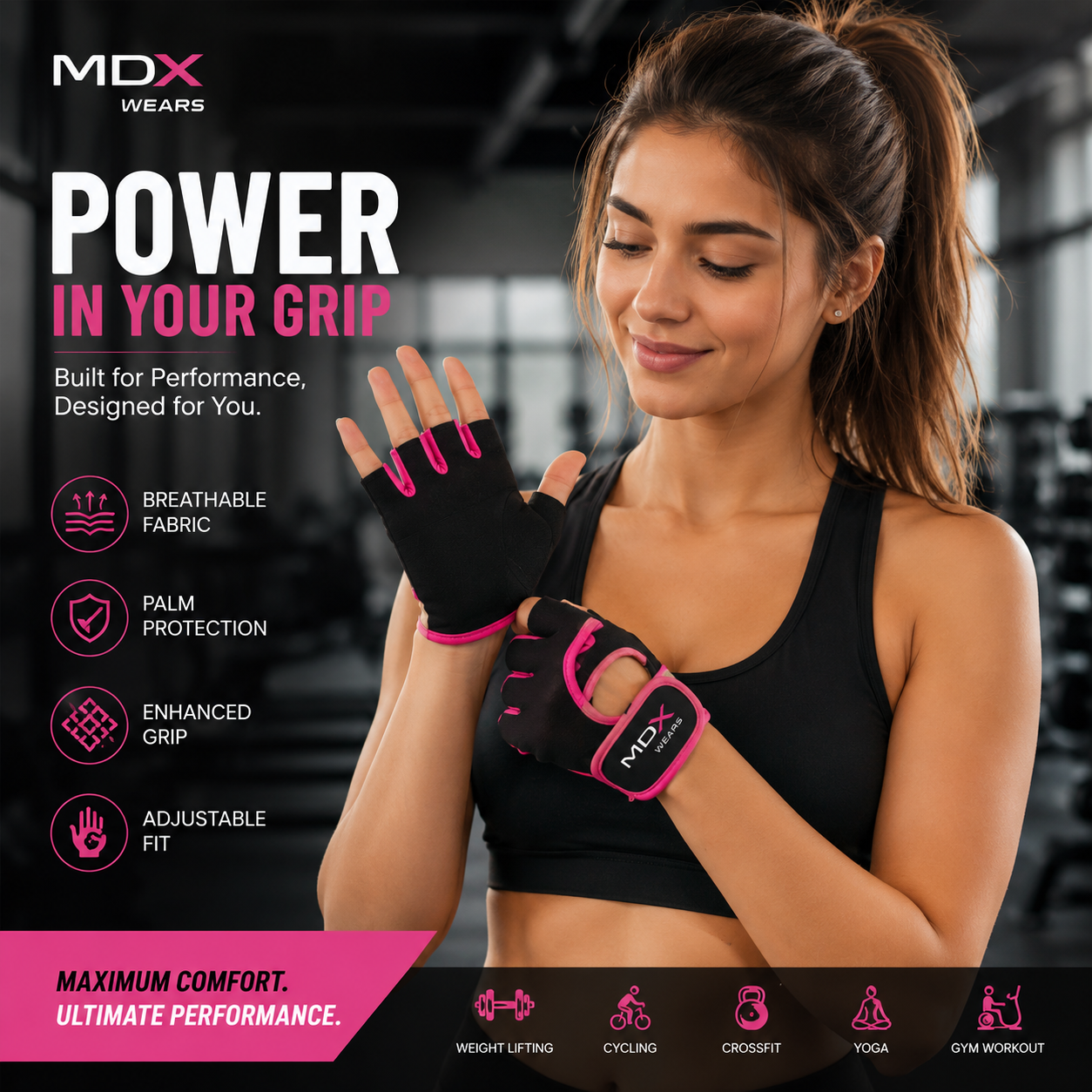MDX Wears Half Finger Gym Gloves for Women | Fitness Workout Gloves | Weightlifting Gloves | Anti Slip Padded Gym Grip Gloves | Cross Training Exercise Gloves | Black & Pink