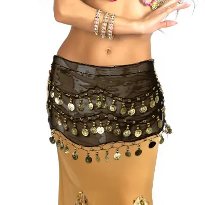 Shinning 3Rows Gold Coin Belly Dance Costume Hip Scarves Skirt