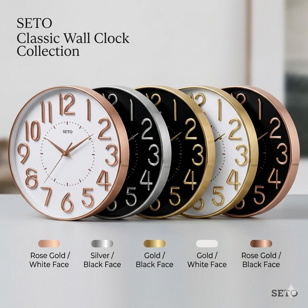 New Classic Wall Clock Silent Quartz Non-Ticking Sweep Movement Round Plastic Wall Clock Large Modern Wall Clock for Home Living Room Bedroom Kitchen Office Decor (Black & White Dial, Gold Rose Gold Silver Colors)