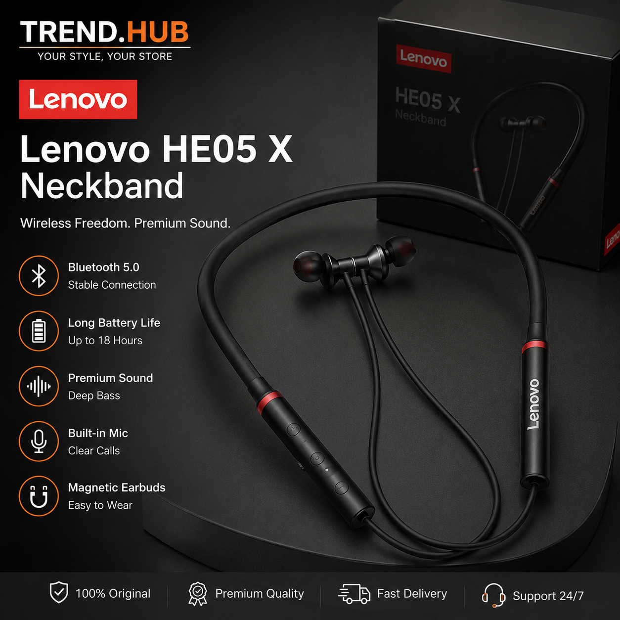 Lenovo HE05 X Wireless Neckband Bluetooth 5.0 Headphone Wireless Headset With Heavy Bass Stereo Earphones High Quality Magnetic Attraction Intelligent Noise Reduction Cancelling Sports Headset