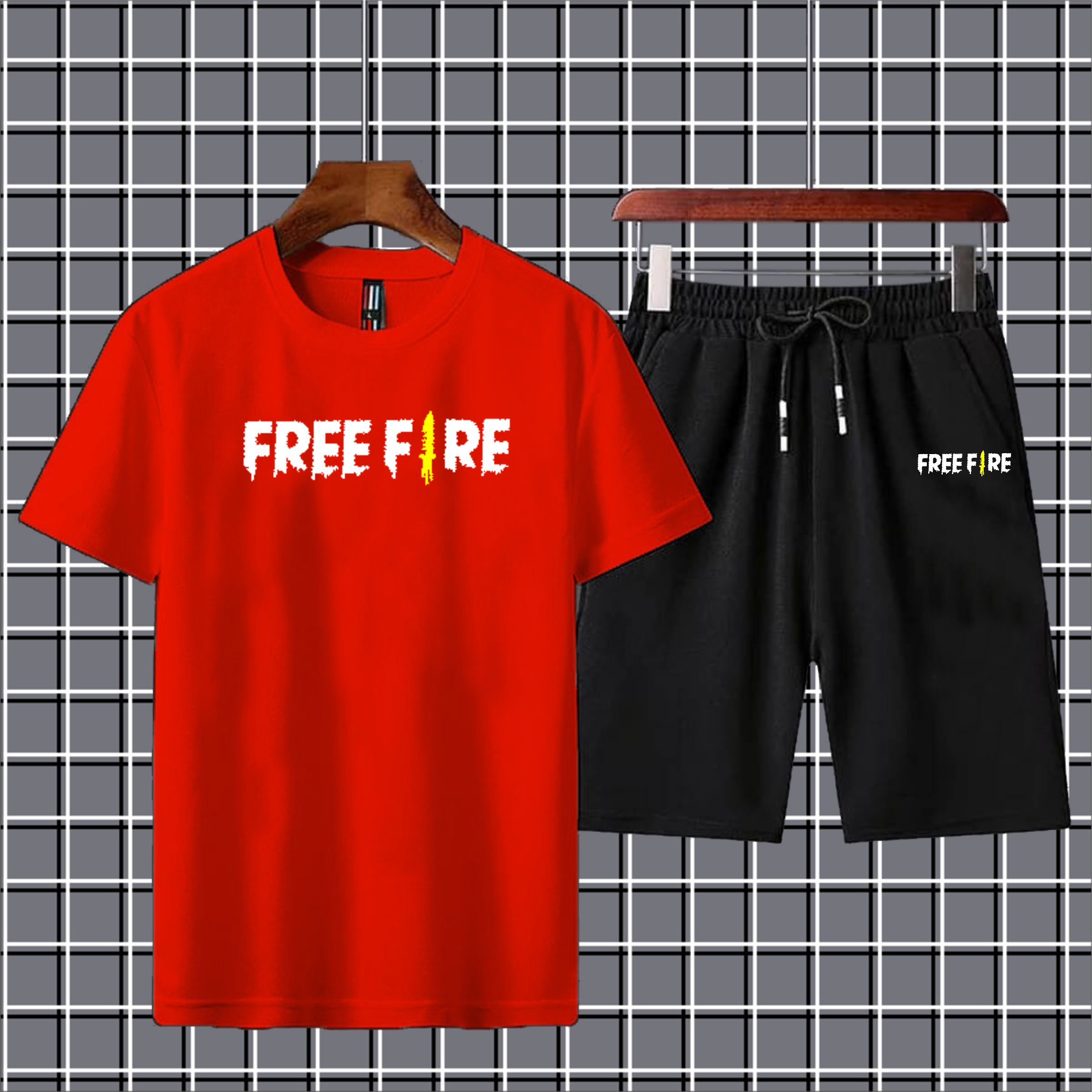 Free fire printed summer short track for men tshirt+short-yellow