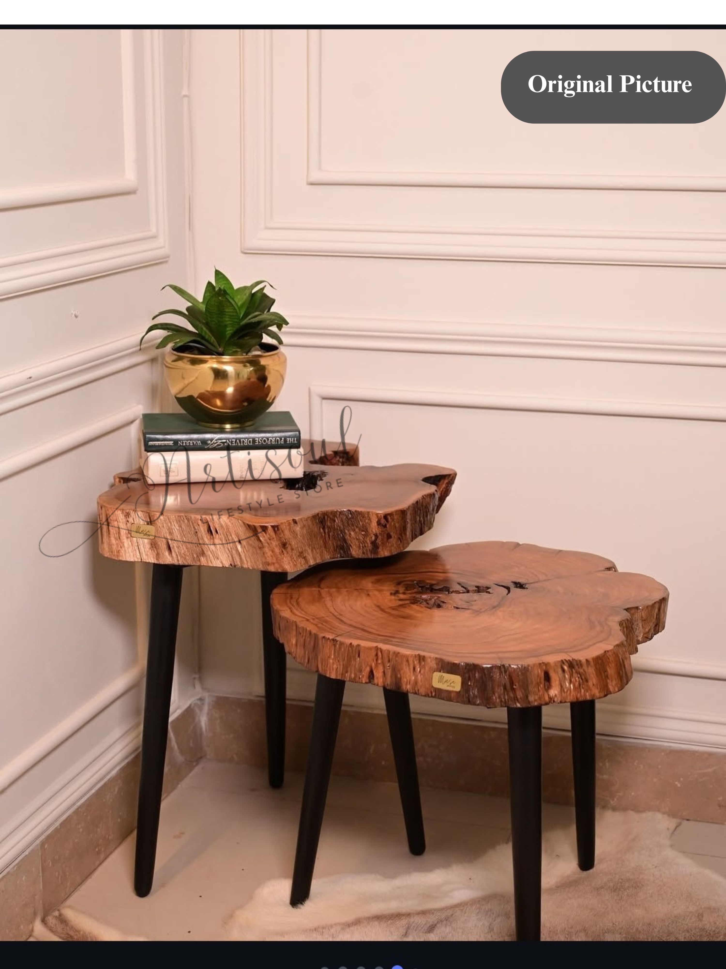 Small Round Side Table | Sofa Side Table & Bedside Table | Natural Live Edge Sheesham Wood | Metal Hairpin Legs | Drawing Room Corner Accent Table | Rustic Handmade Pakistan