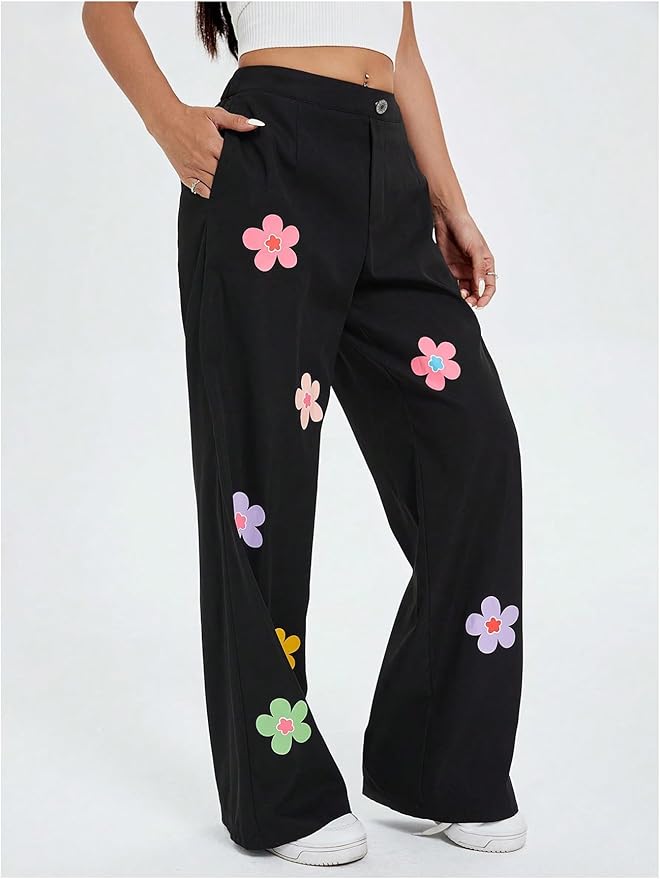 HER'TESORO Flowers Print Wide Leg Jeans For Women