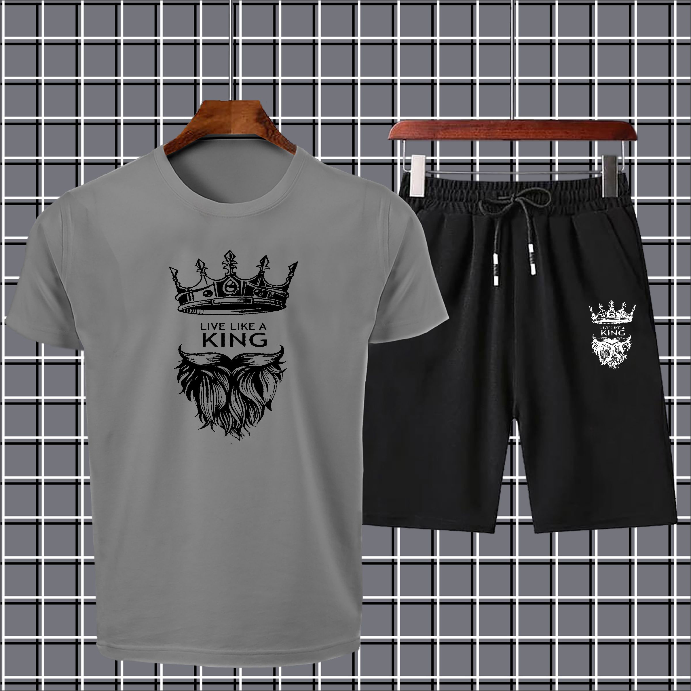 Live like a king Printed T-shirt And Shorts Summer Track Suit For Men -Black