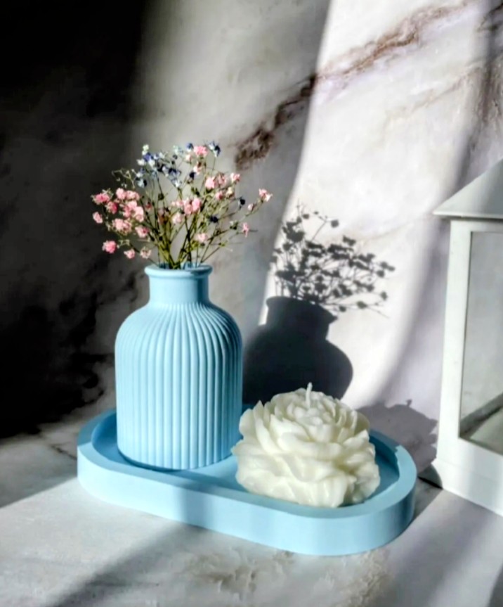 Set of 3 Mini Flower Vase Oval Tray & Peony Rose Candle Is Best for Home Decor, Modern Minimalist Home Decorative Set