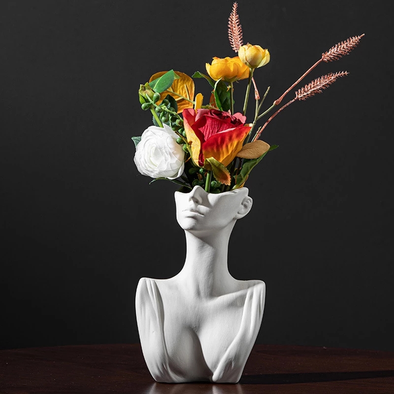 Female Ceramic Vase, Human Face Art Vase Unique White For Dry Flowers, Modern Body Home Office