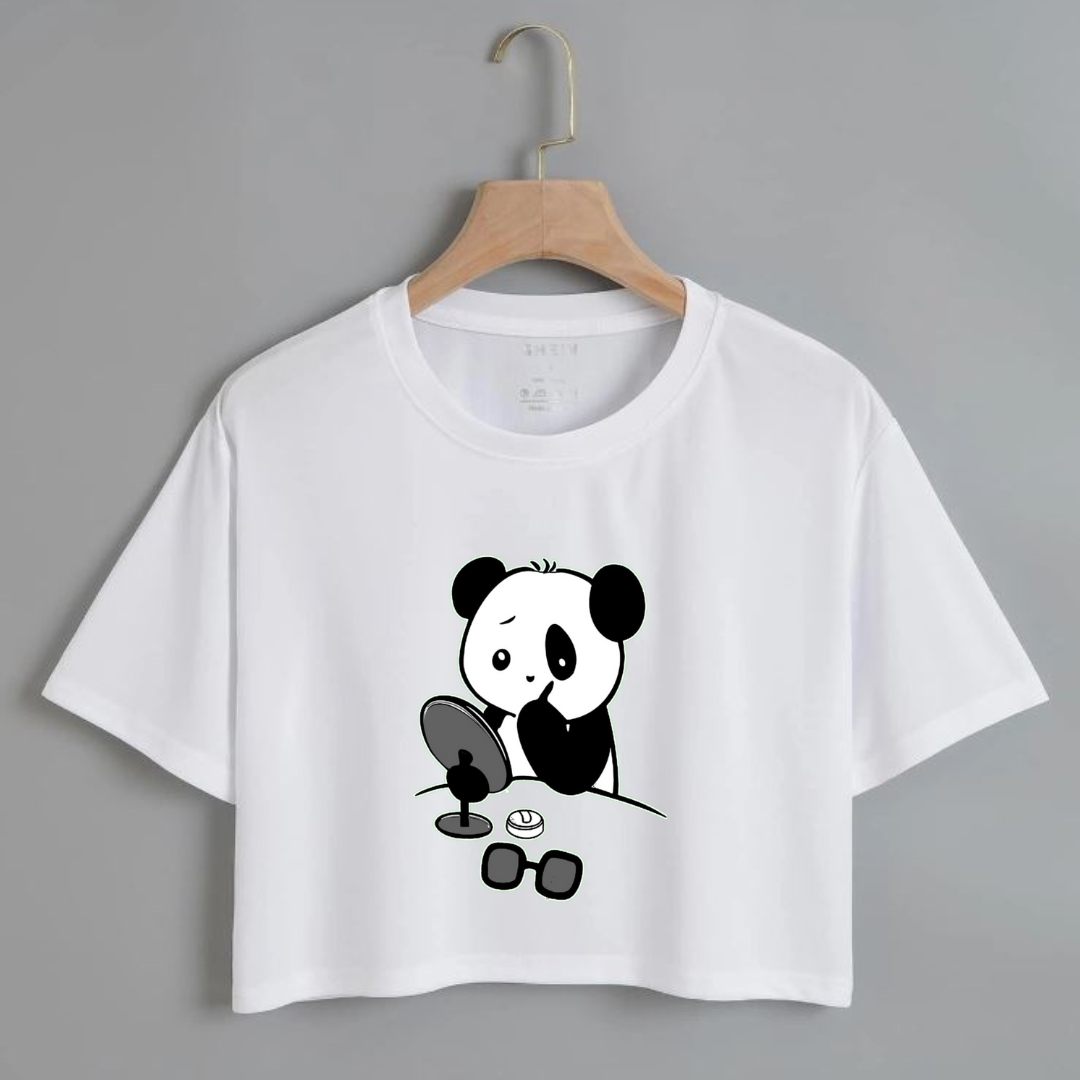 Panda Printed Crop Top for Girls and Women | Casual Wear | Round Neck | Half Sleeves | Cotton Jersey | Crop Tshirts For Girls and Women