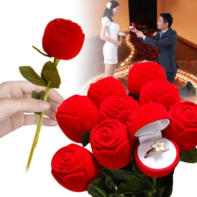 Rose Flower Ring Box Velvet Red Rose ring jewelry Box Display Holder gift Box Bridal Wedding jewelry storage box