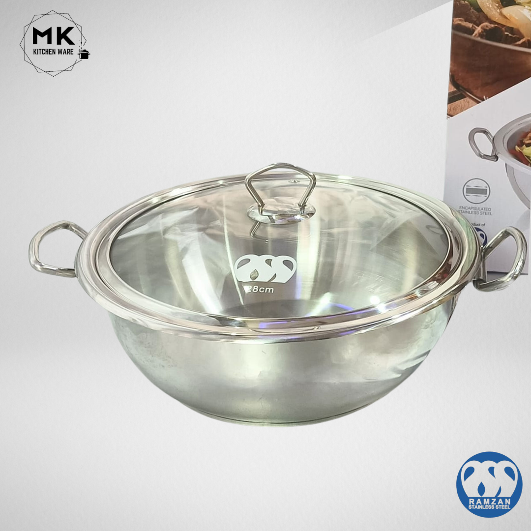 Cooking Wok /Karahi | Alpha Stainless Steel Karahi with Glass Lid ...