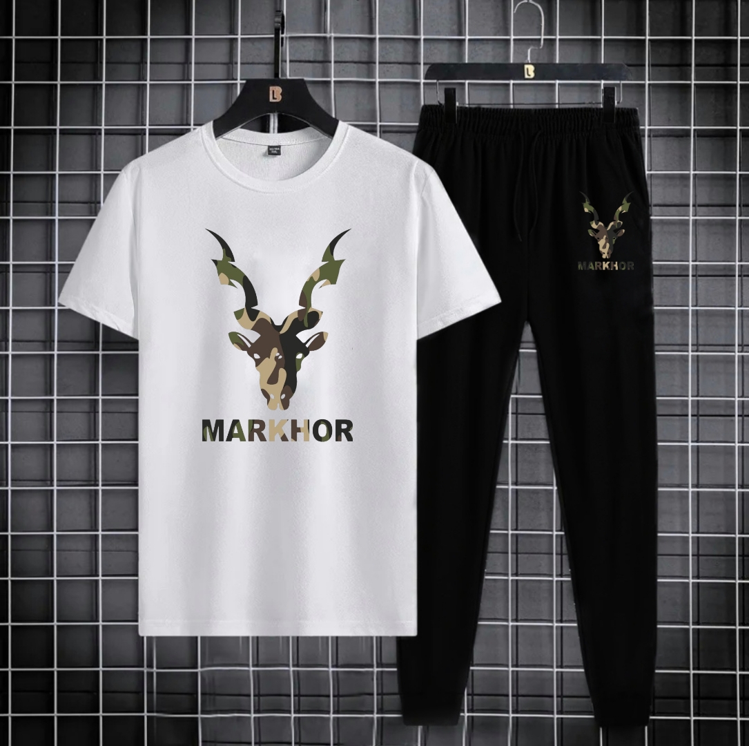 TRACKSUIT - White Camouflage Markhor Printed Tracksuit For Men - Soft & Comfy Fabric Tshirt & Trouser Commando Printed Tracksuit