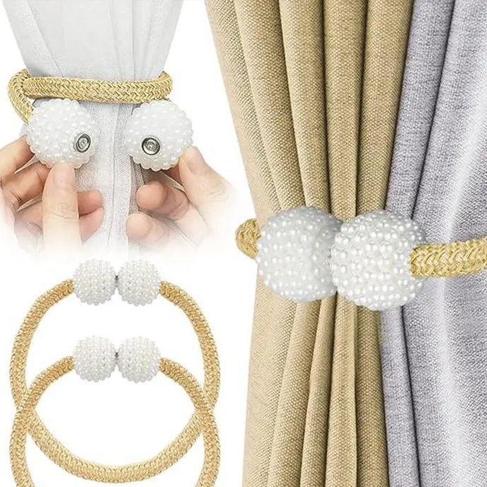 2 PCS Magnetic Pearl Curtain Buckle Magnetic Curtain Tiebacks Convenient Drape Tie European Style Decorative Weave Rope Curtain Rings & Buckles Holder for Window Sheer Blackout Draperies, Braided Straps Ball Buckles, Parday