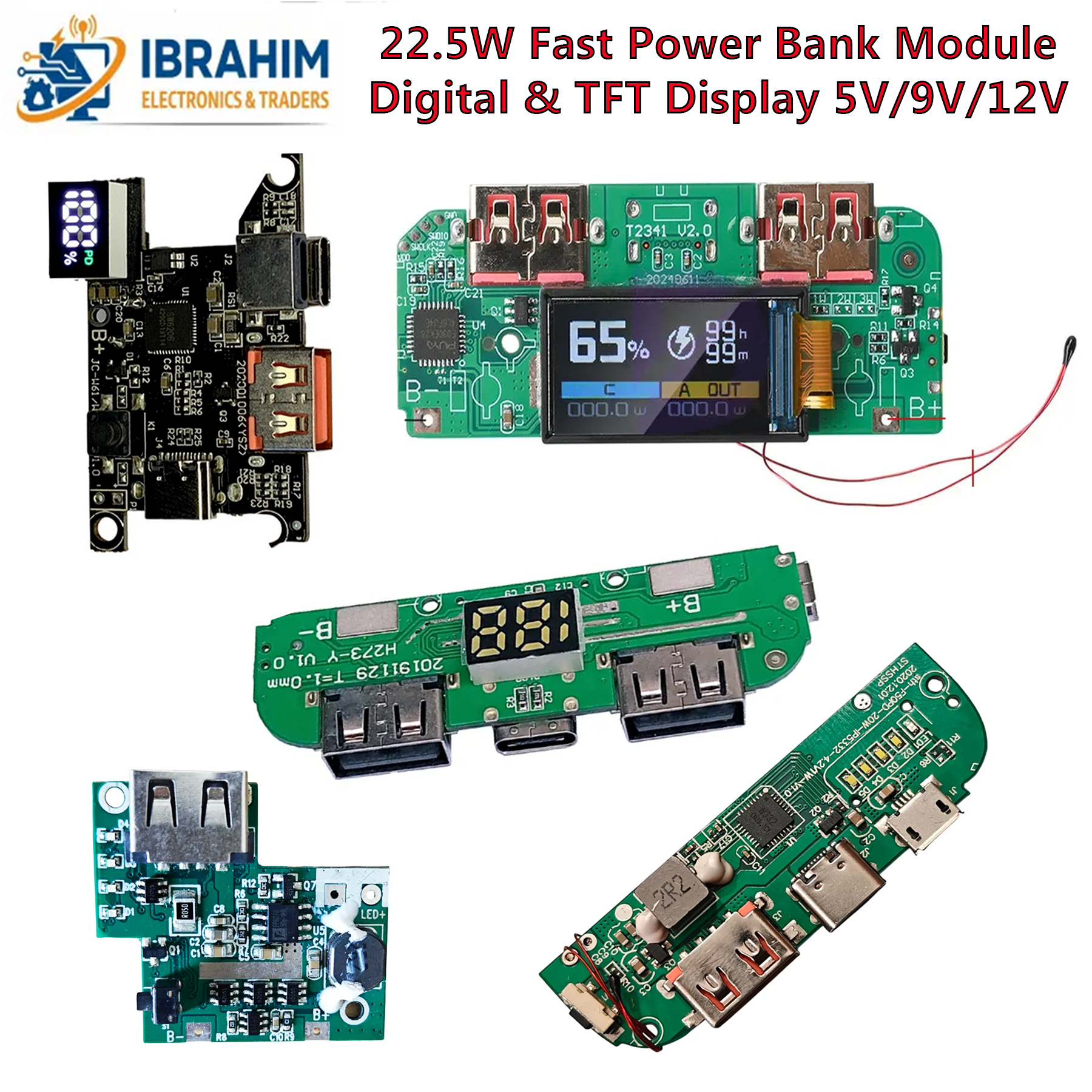 22.5W Power Bank Type-C USB Bidirectional Fast Charging Mobile Power Module Circuit Board DIY Motherboard Kit QC4 PD3.0 With Digital & TFT Color Display