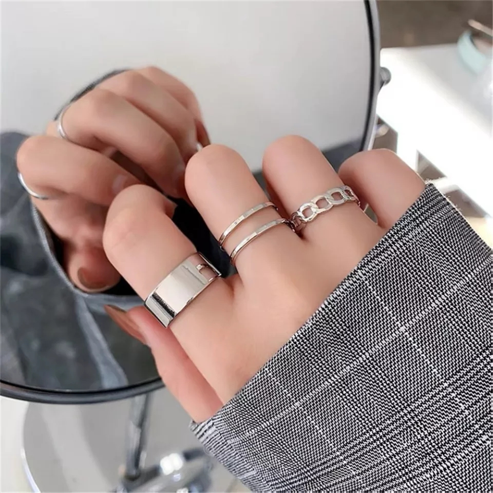 Pack of 3 Silver Rings For Girls Rings For Girlfriend Stylish Geometric Chain Design Adjustable Ring Set High quality Rings