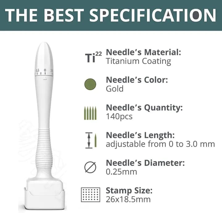 Micro Needle Stamp, Derma Stamp Adjustable 0-3mm 140 Titanium Needles Professional Derma Stamping for Skin, Eyebrows and Scalp Care