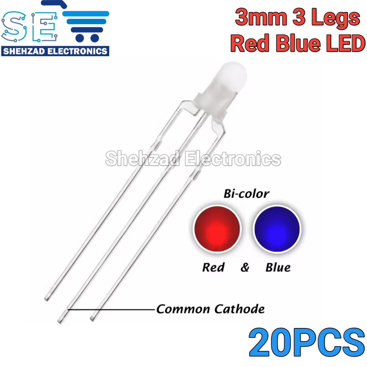 20-Pack 5mm Bi-Color Red/Blue LED – 3 Pin Common Cathode – White Diffused Lens