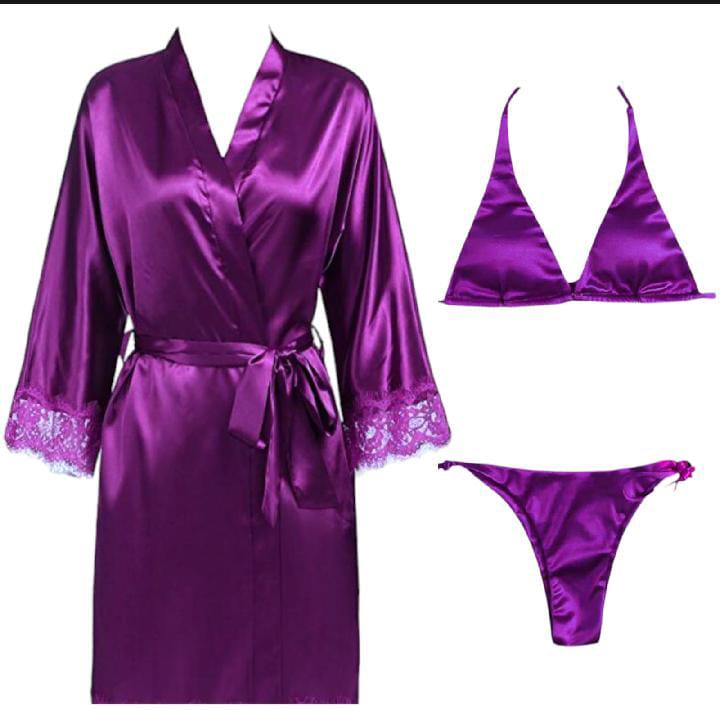 Women 3 Piece Saxy Nighty Sleepwear Silk Satin night dress Lingerie Set With Robe and Short Gown Bridal for Ladies and Girls for Night Wear Bra-Purple