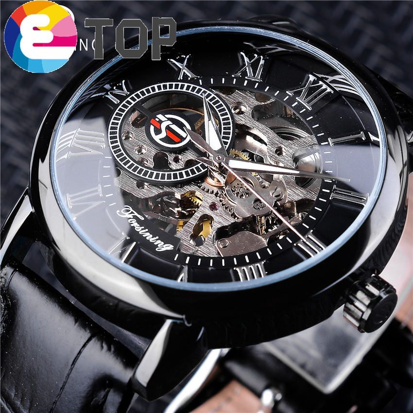 Black Gold Case Leather Skeleton Mechanical Watches Men 60 OFF