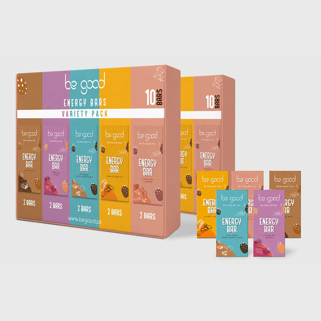 Be Good Variety Box of 10 Energy Bars | 2 Bars Each of Flavour - Chocolate Almond, Coconut Choco Chip, Cinnamon Almond, Crunchy Berry & Peanut Butter  | High Fiber Energy Bars | Healthy Snacks