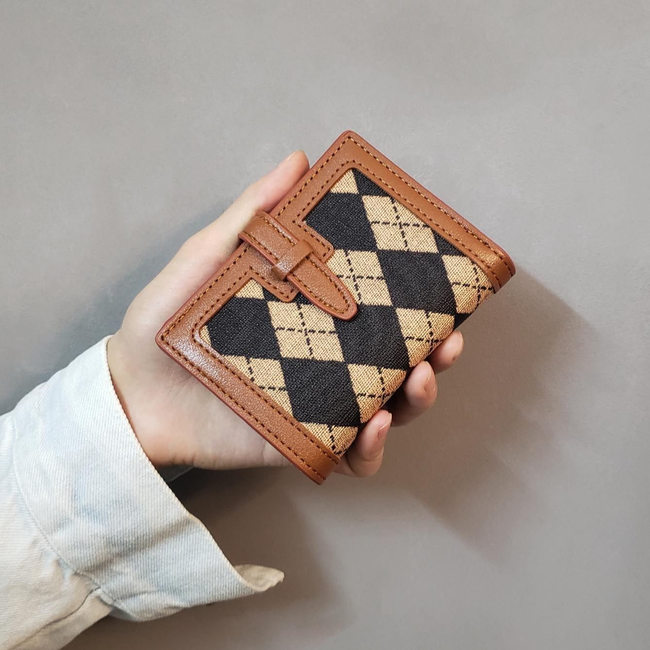 Women's PU Leather Short Wallet | Vintage Bifold Card Holder | Zipper Coin Purse | Compact Ladies Wallet | Houndstooth Leopard Print