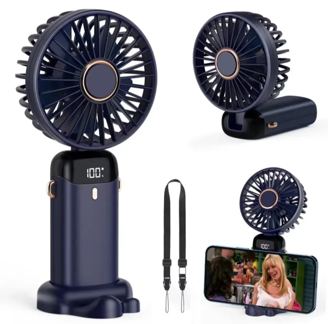 Premium USB Handheld Mini Fan Foldable Portable Neck Hanging Fans 5 Speed Rechargeable Fan with Phone Stand and Display Screen