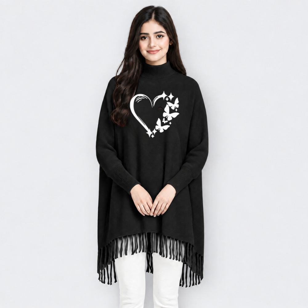 MK Fashion , Butterfly Heart Printed  Women's Korean Style Winter Fleece Shoal Poncho For Girls