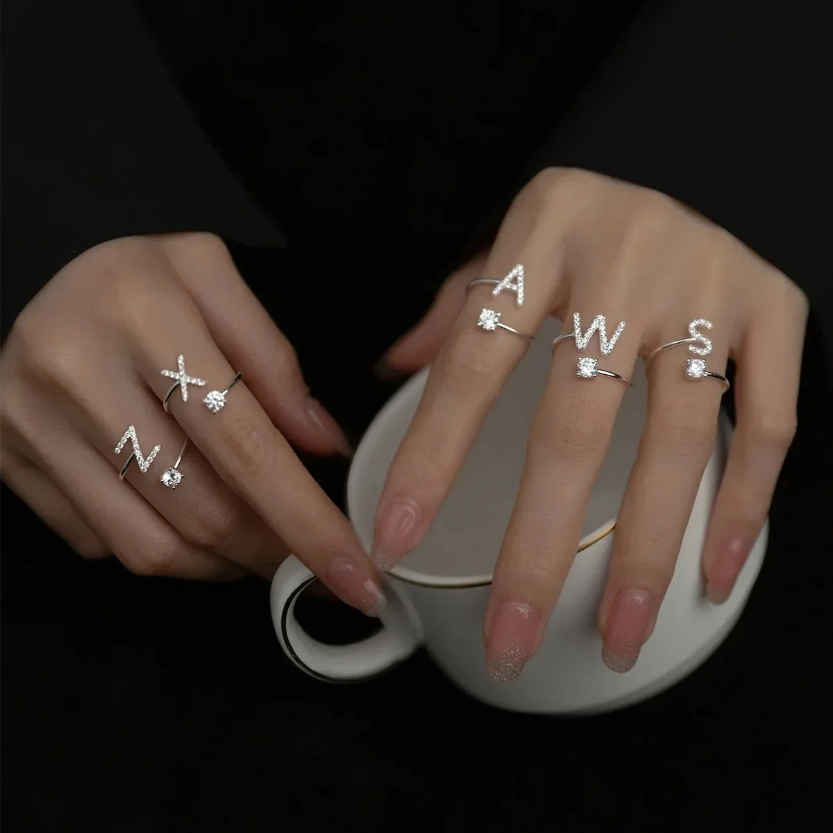 Fascination Store | Silver Adjustable Trendy Zircon Ring A–Z Shape Letter Rings for Women Teen Girls Fashion Jewelry | English Letter Open Finger Rings A–Z Initials Name Alphabet Female Creative Ring | Silver Adjustable Letter A–Z Alphabet Ring – Stylish,